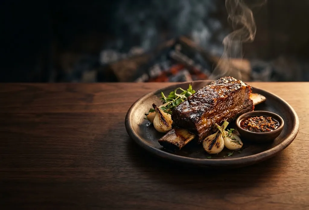 Costilla glaseada al carbón en plato de barro con cebollitas tatemadas y salsa macha, con brasas al fondo