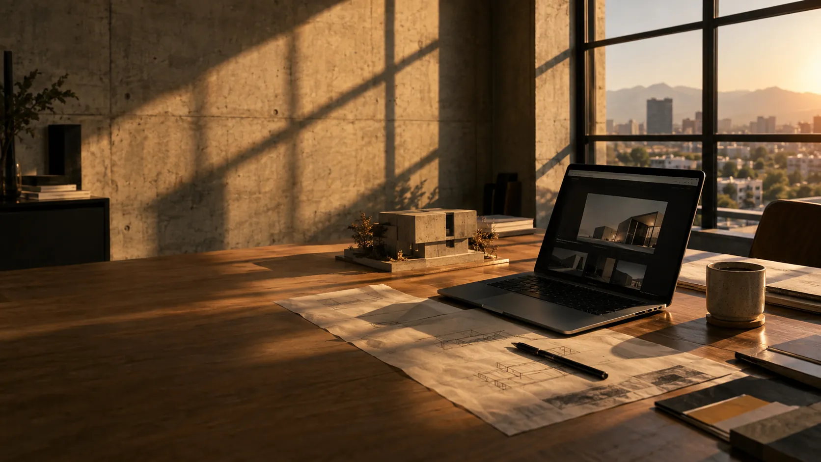Escritorio de estudio con laptop mostrando un sitio web, maqueta de concreto y bocetos a la luz del atardecer