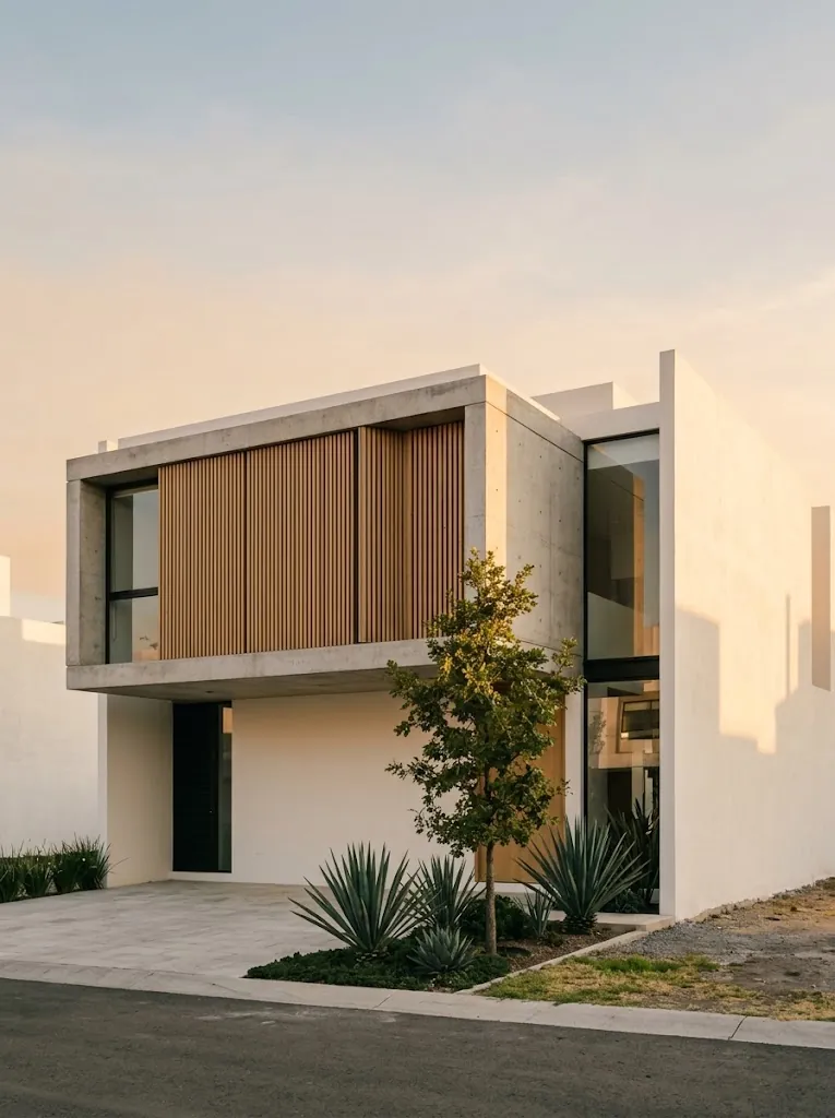 Casa contemporánea de concreto y celosía de madera al atardecer, con agaves y un encino joven