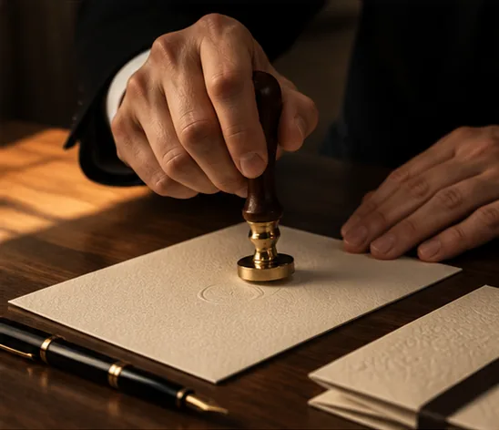 Manos presionando un sello de lacre sobre un documento color crema en un escritorio de nogal