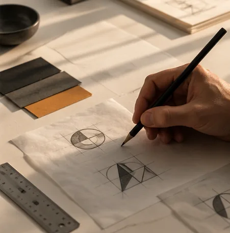 Mano dibujando bocetos geométricos de un logotipo sobre papel albanene junto a muestras de color